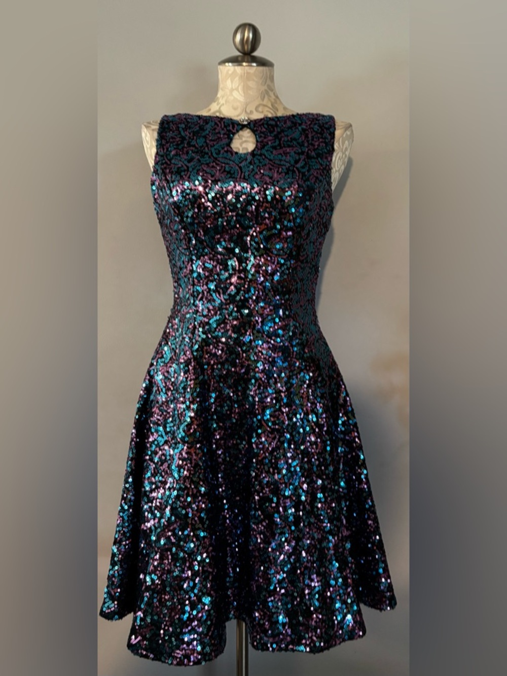 RIVAR’S Sequin Fit-and-Flare Cocktail Dress in Iridescent Teal & Purple